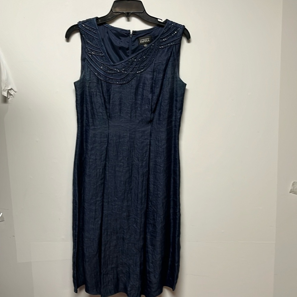 Adrianna Papell Navy Blue Dress w/ Beautiful Crisscross & Bead Detail at Neck